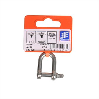 Attache D courte 6mm, A4 acier inoxydable AISI 316, 1.800 daN