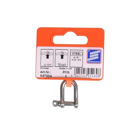 Attache D courte 4mm, acier inoxydable A4 AISI 316, 750 daN